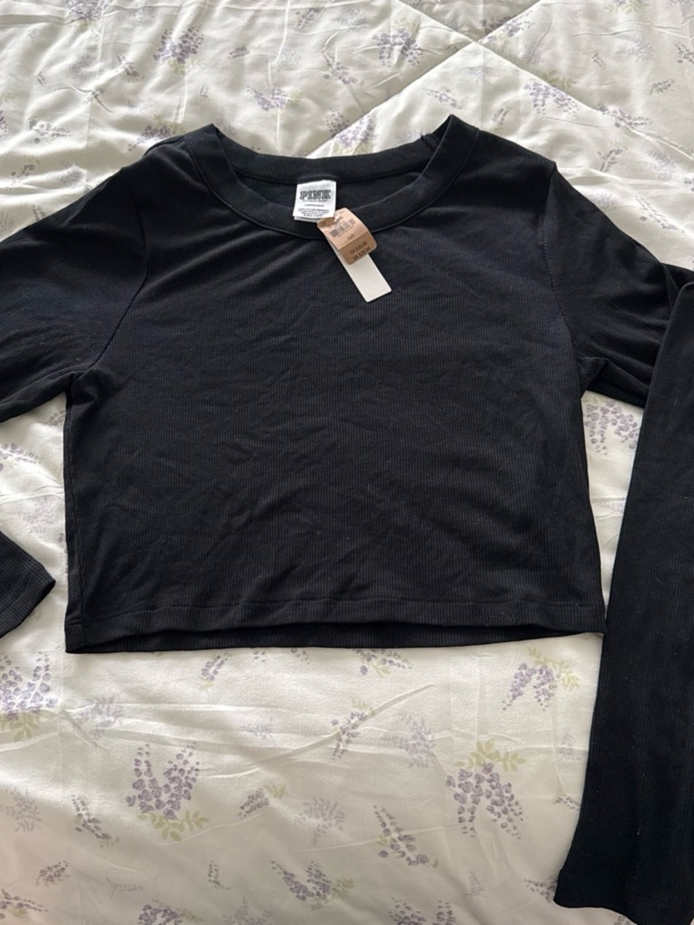 PINK Victoria's Secret Black Ribbed Long-Sleeve Crop Top